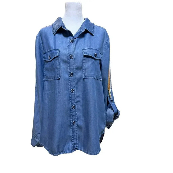 Dear John Alyssa Chambray Button Up Shirt Embroidered Fringe Sleeves Size Small - Picture 2 of 9
